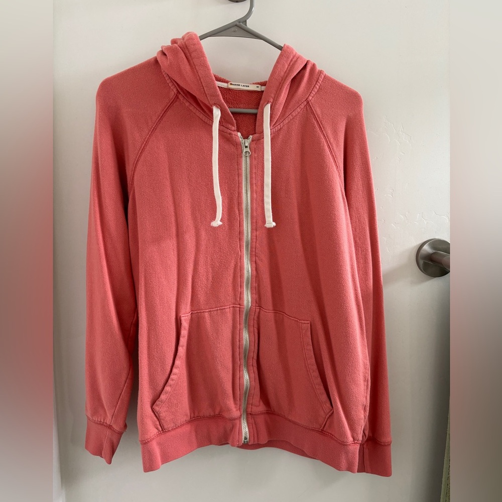 Marine Layer Coral Zip-Up Hoodie with White Drawstrings